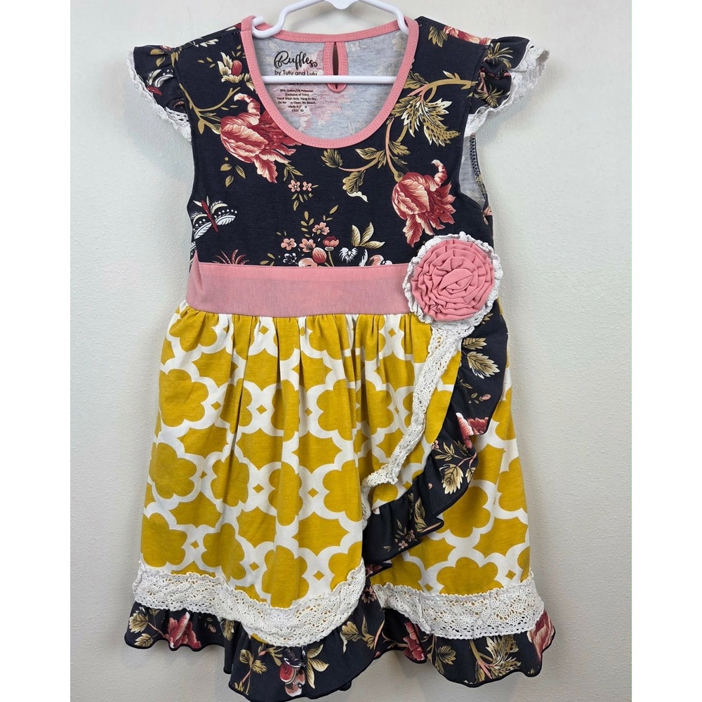 Ruffles by Tutu and Lulu Girls Floral Lace Ruffle Dress Pink Yellow Size 6-7Y